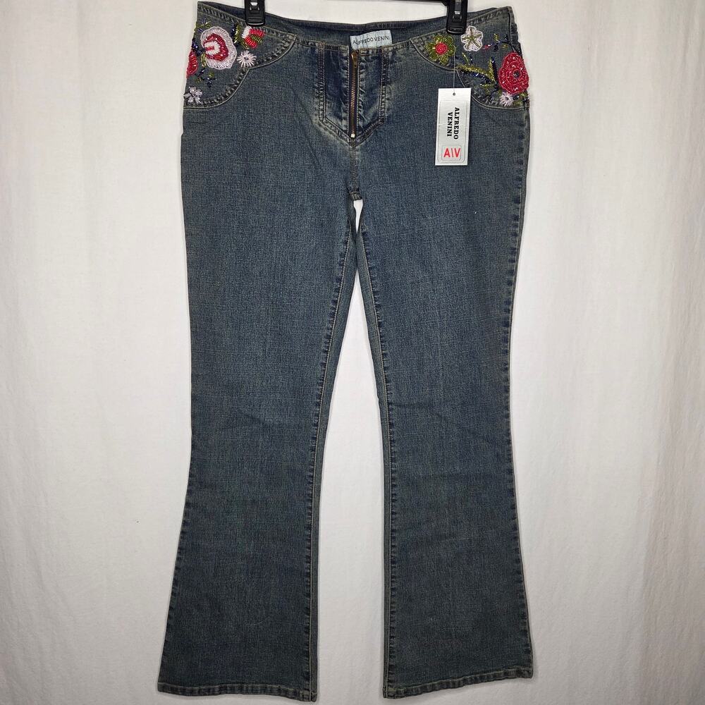 Alfredo Venini Low Rise Floral Beaded Embroidery Flare Jeans Y2K Vintage NEW 13